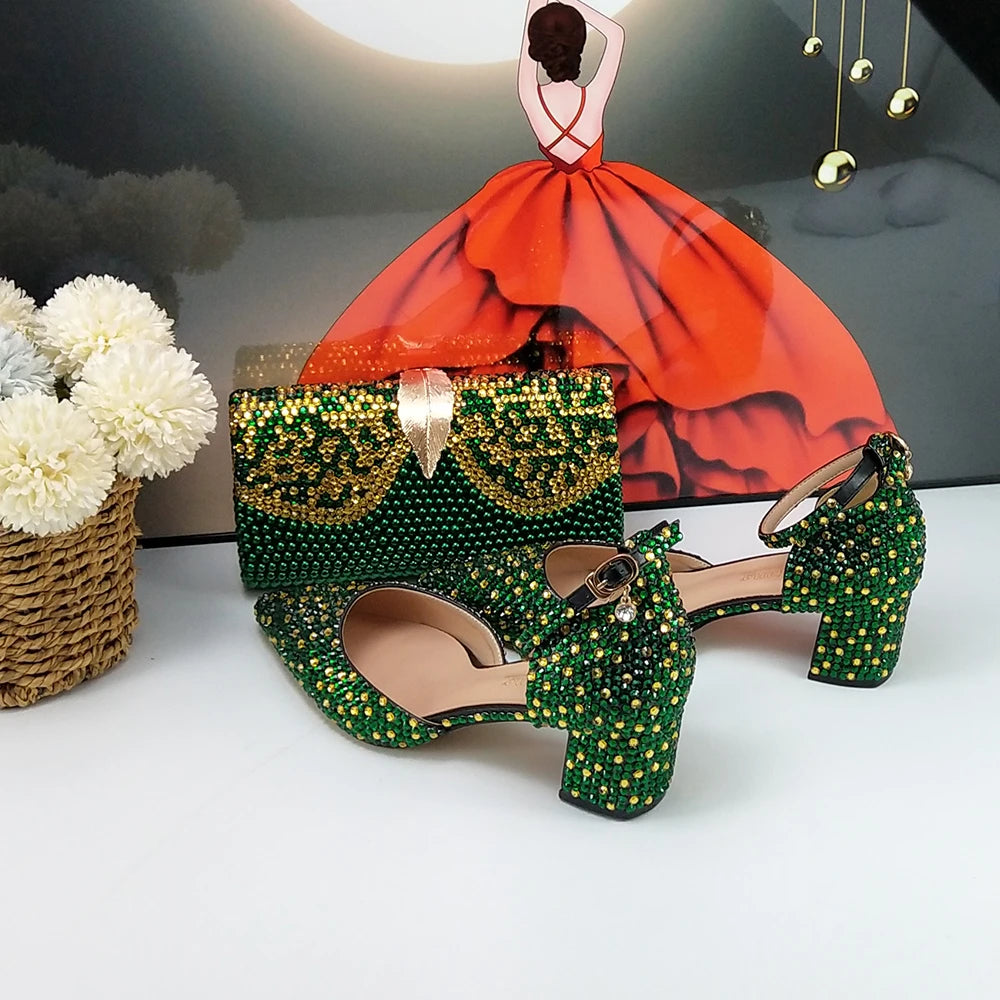 Maxy Green Crystal Bridal Wedding shoes and bag Woman Thin Heel High Pumps Party Evening Shoes Shallow Ankle Strap Buckle shoe