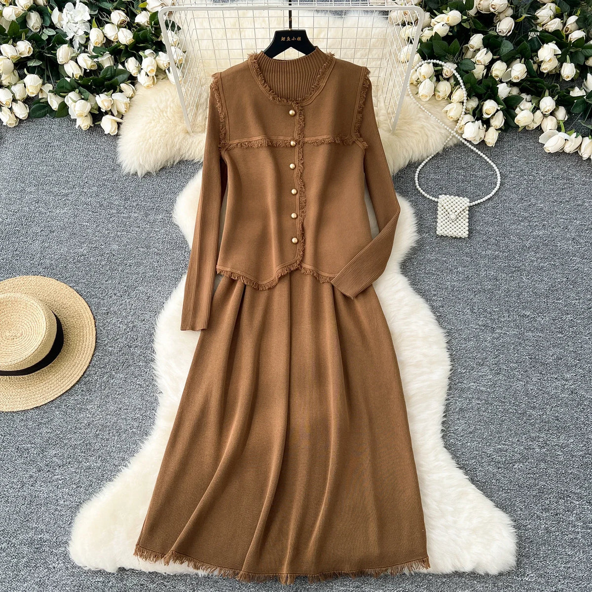 Maxy Chic Women Two-Piece Sets Basics O-neck Single Breasted Vest and Slim Long Sleeve Knit Dress French High Street Winter Clothing