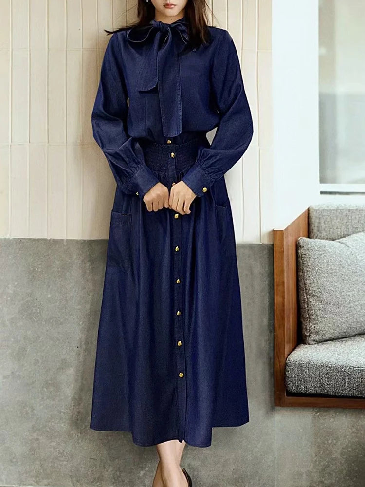 Maxy Retro autumn women's new blue denim bow collar long sleeve shirt+high waist pocket button skirt fashion suit