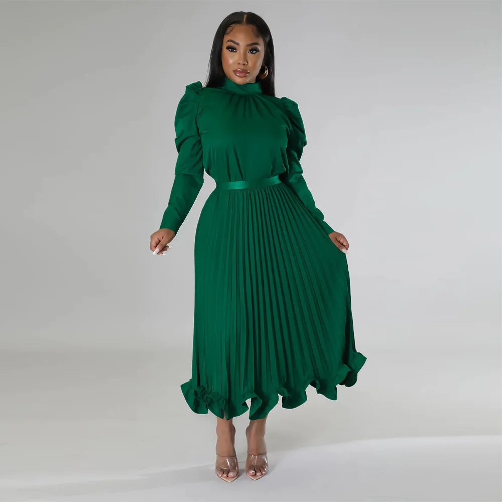 Babs High Neck Robe Two Piece Set Fashion Plus Size Pleated Evening Party Dress Women's Set Autumn New Solid Bubble Sleeve Top Ruffle