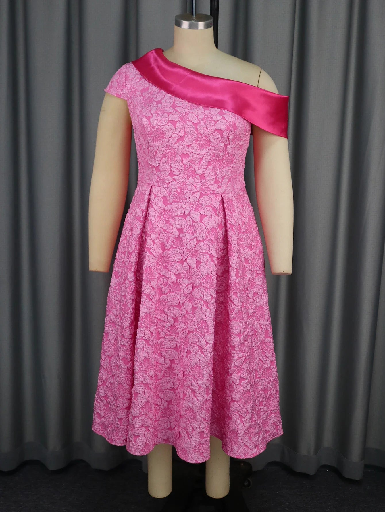 Pink Jacquard A Line Dresses for Women Slant collar Party Event Wedding Guest Birthday Occasion Female Gowns Lovely Prom African