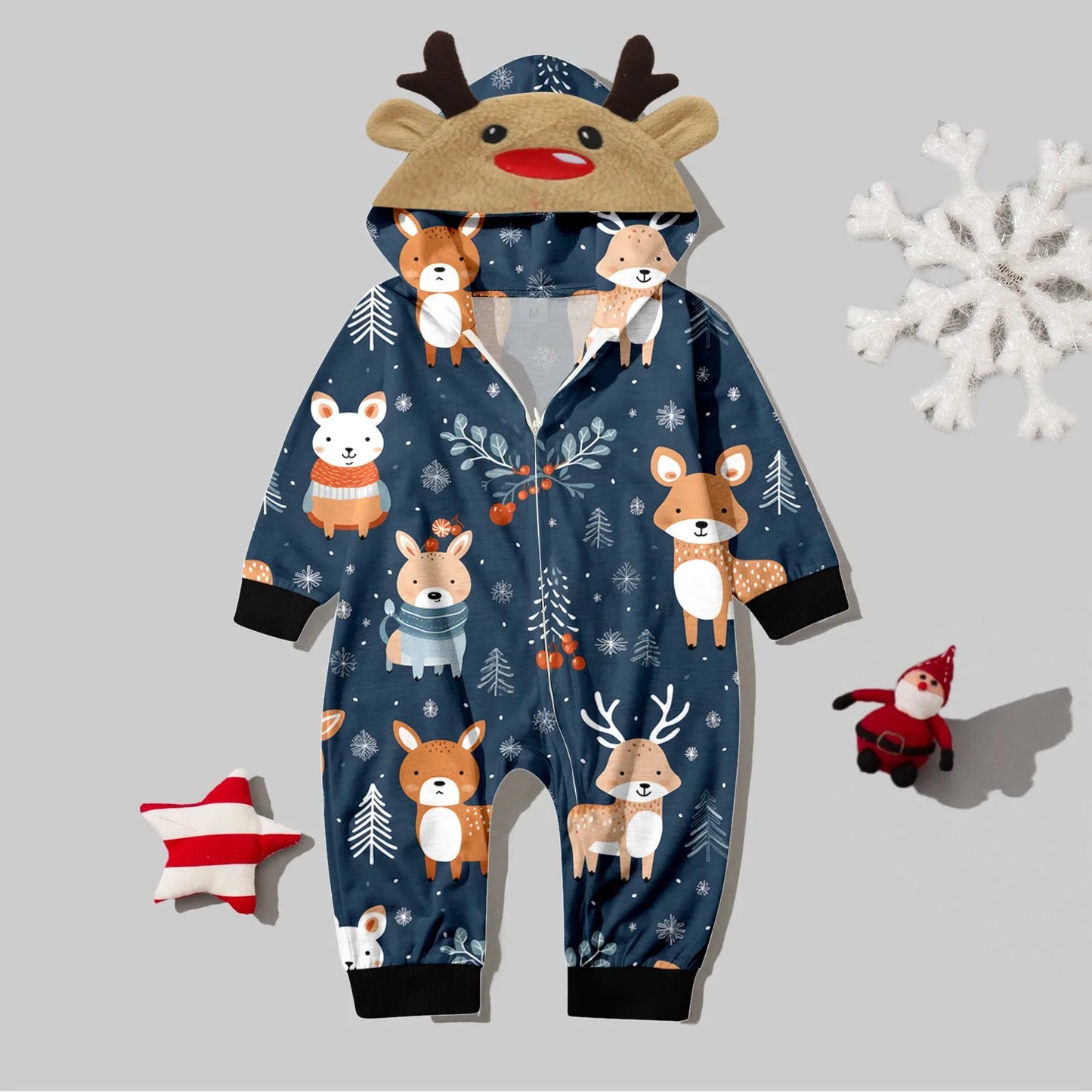 Christmas Long Sleeve Cute Deer Head Men Hoodie Jumpsuit Soft Zipper Romper Sleepwear Holiday Family Matching Pajama Set Family