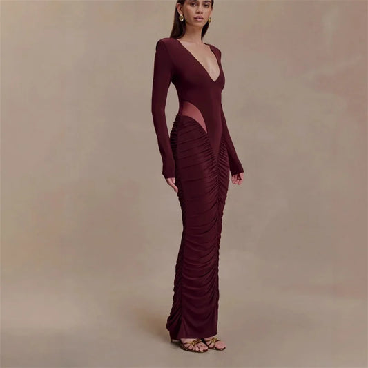 Maxy Burgundy Black Women Prom Dress V Neck Full Sleeve Sexy Elegant Ruffles Long Wedding Party Gown Formal Evening Birthday Robe