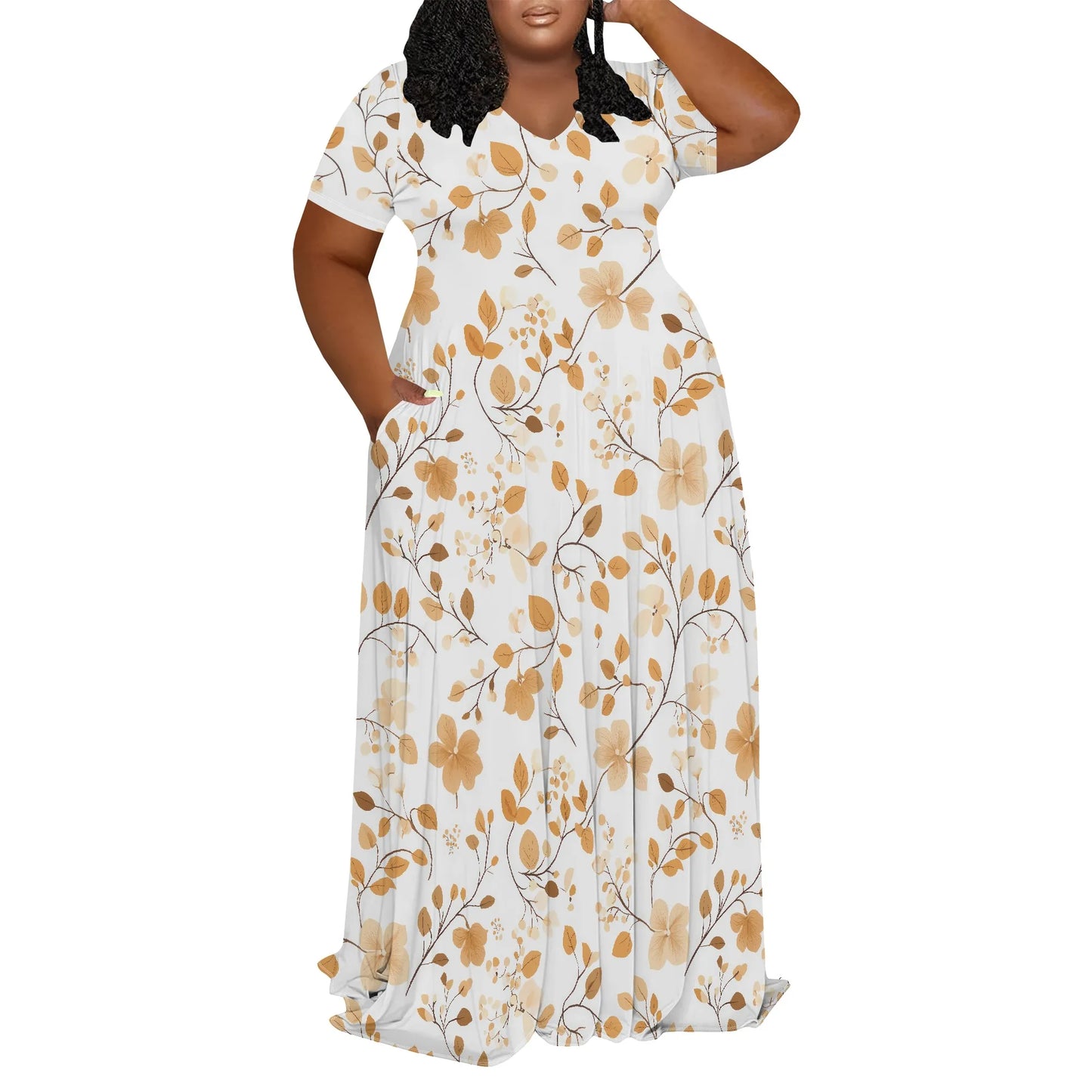 Amay Plus Size Dress for Women Casual V Neck Short Sleeve Empire Waist Maxy Dress Loose Oversize Flowy Long Dress with Pockets