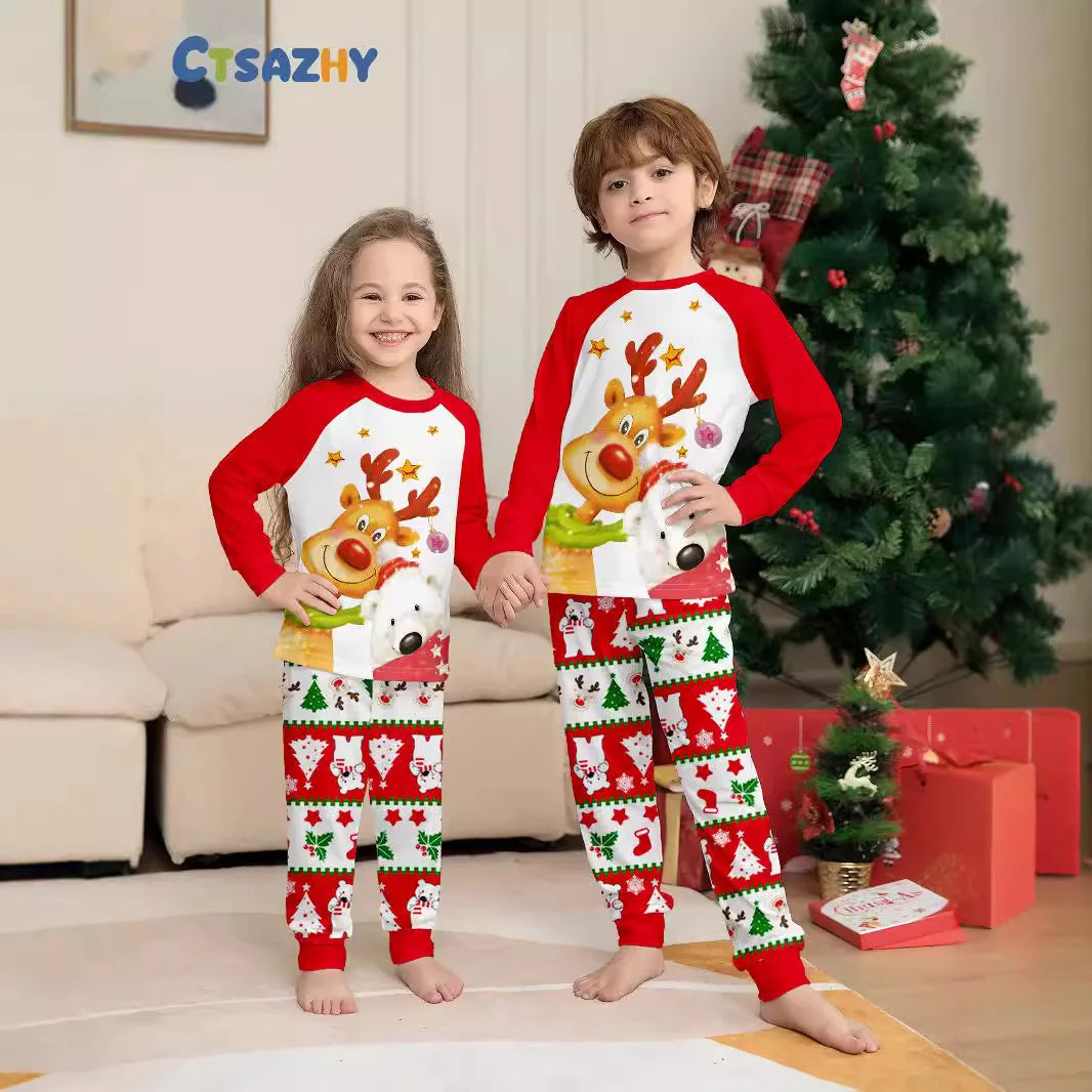 Maxy Christmas family set European style printed golden deer Polar bear family set Pajamas pajama pants 2 sets and baby jumpsuit