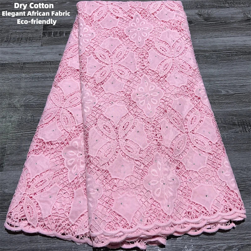 Maxy Pink Dry Cotton Lace Fabric High Quality 5 Yards Embroidered Lace Swiss Fabric Women Dress for Party A3851