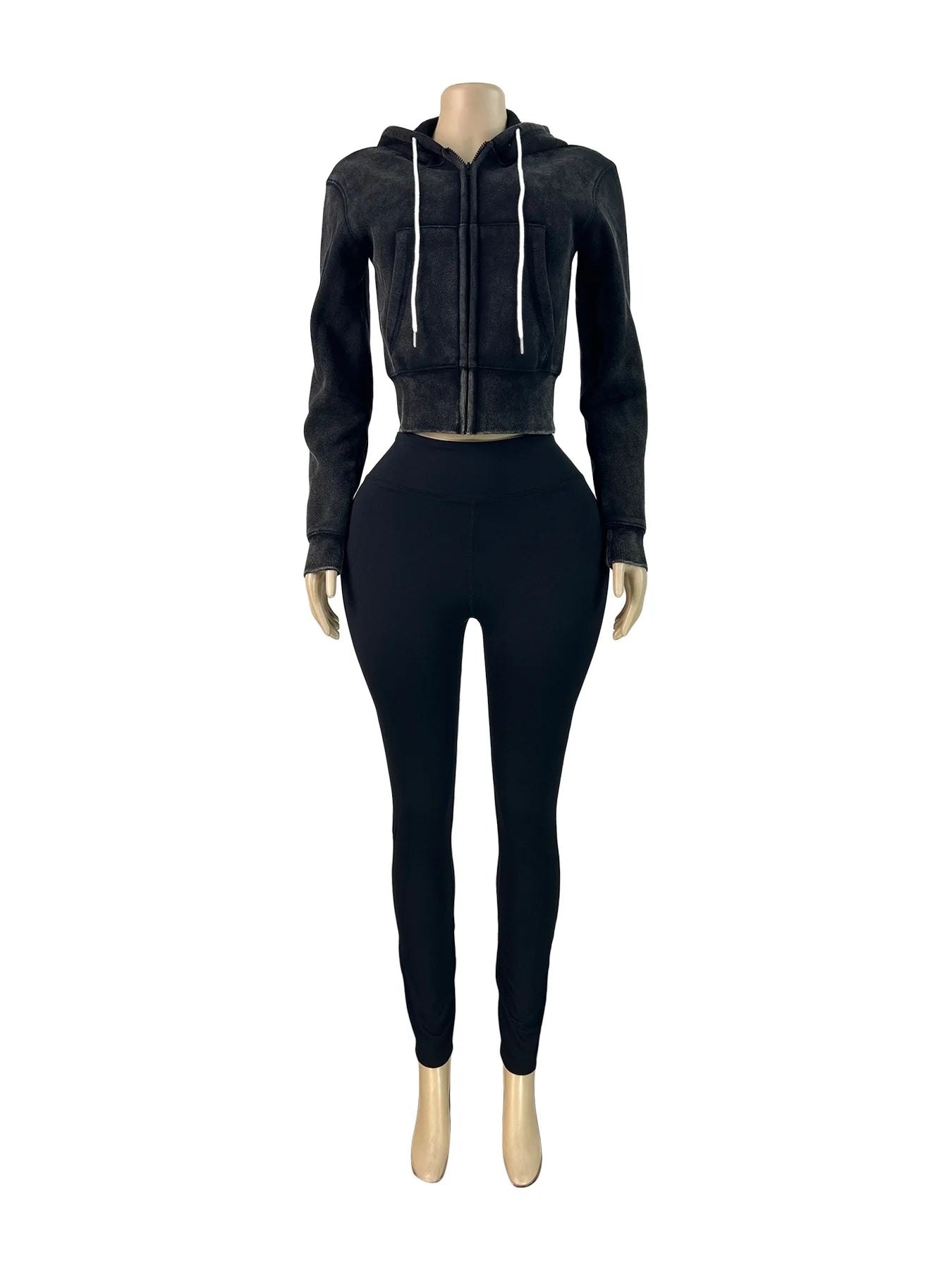 Maxy Koilu Casual Sporty 2 Piece Set Woman Autumn Trend Washed Style Drawstring Hooded Jacket+Solid Yoga Pants Daily Simple Tracksuit