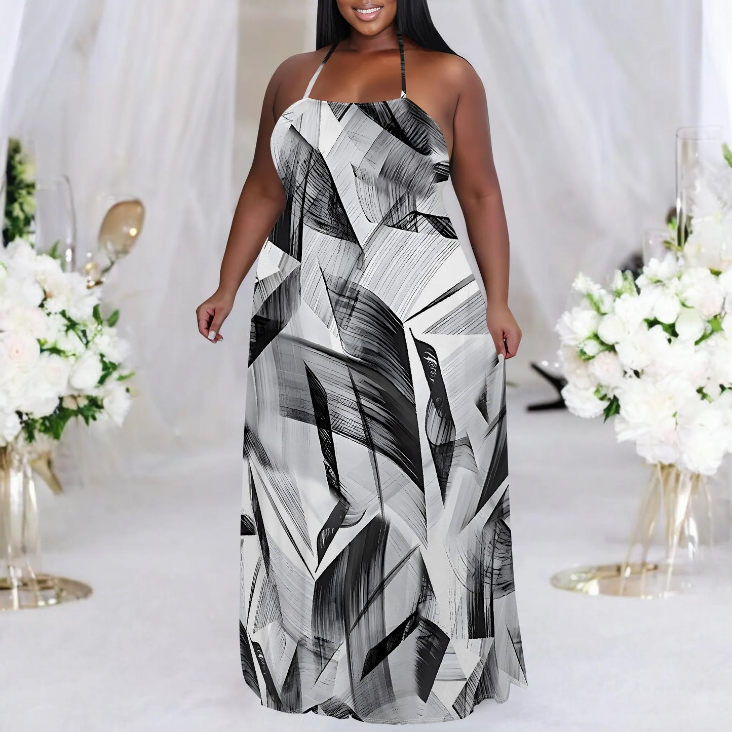 Maxy Plus Size Women's Casual Long-sleeved Dress for Women Sexy 3D Printed halterneck dress Loose Plus Size Dress
