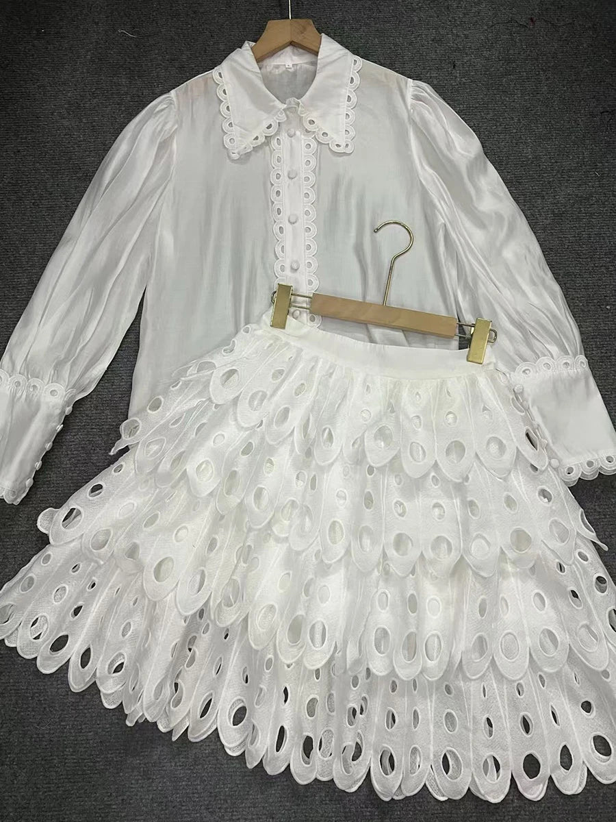 Maxy Solid Hollow Out Skirt Suit for Women Lapel Long Sleeve Shirt High Waist A Line Skirts Elegant Outfits Female Clothing