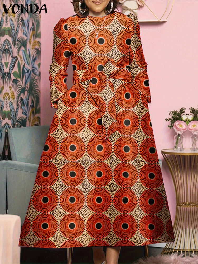 Maxy Plus Size 5XL VONDA Bohemian Maxy Long Dress Women Printed Sundress Fashion Long Sleeve Vestidos Casual Loose Robe