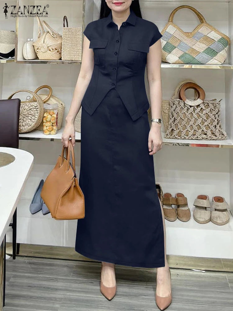 Maxy Short Sleeve Shirts Streetwear Suits Women Stylish Solid Color Side Slit Long Skirts 2pcs Outfits Chic Fashion Skirt Sets