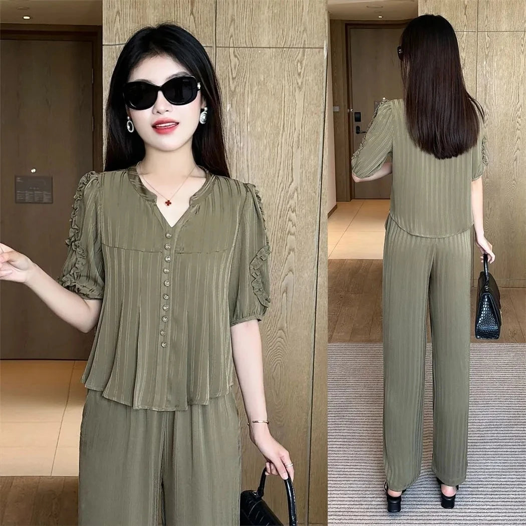 Maxy Short Sleeved Oversized Slimming Stylish Casual Summer Set Korean Version Sun Protection Suit For Women Shirt+Pant Two-Piece Set