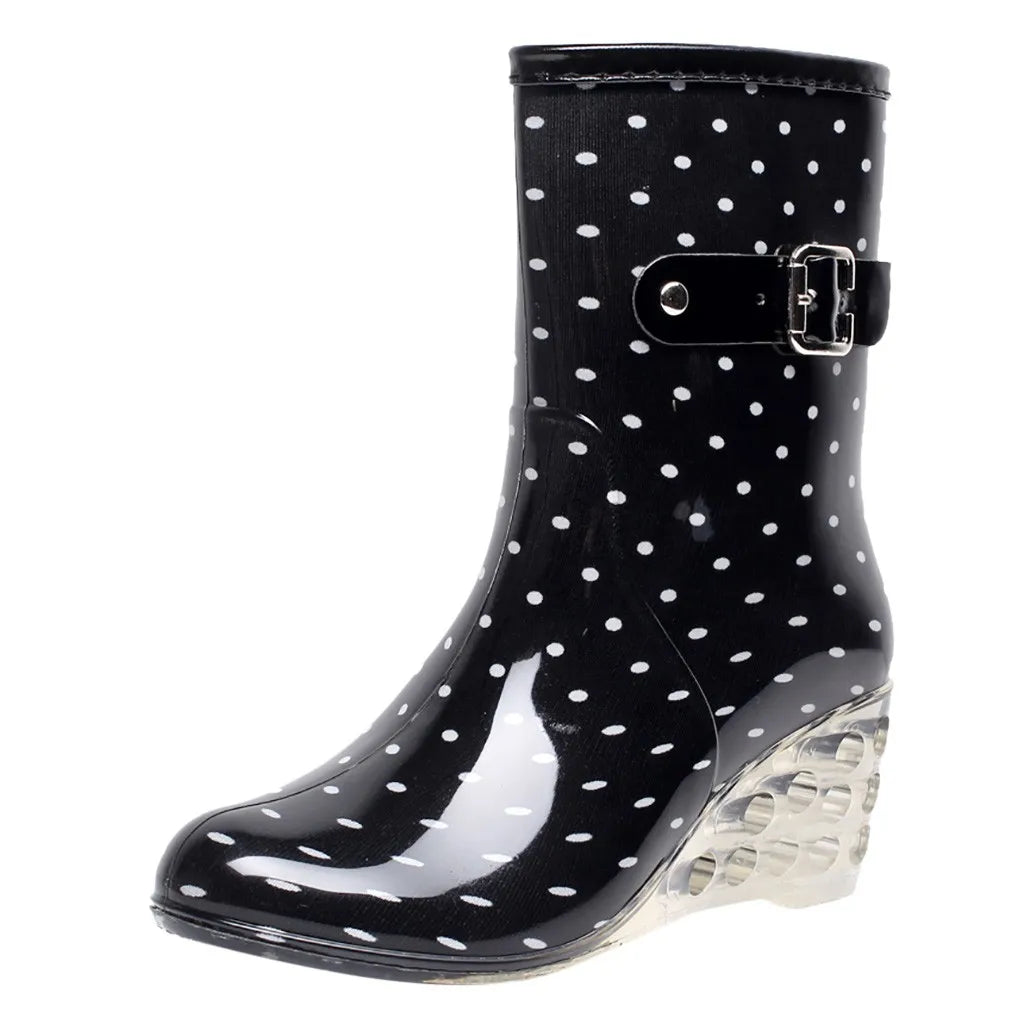 Maxy Punk Low Length Snow Boots Women's Non-Slip Dot Print Transparent Side Zipper Rain Boots Outdoor Wedge High Heels Water Shoes