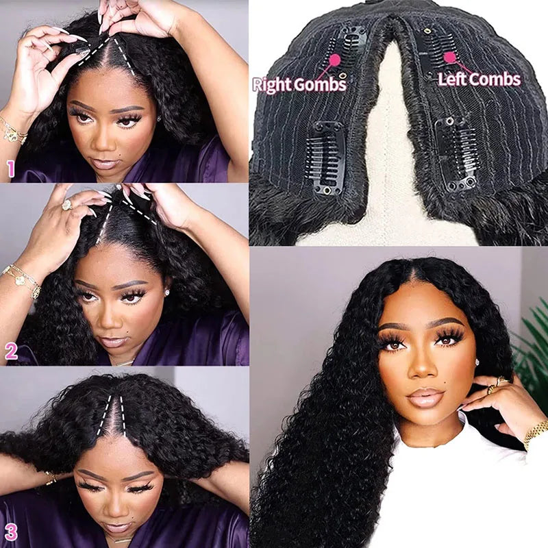 Amay V Part Wig Human Hair Curly No Leave Out V Part Wig for Black Women Kinky Curly Glueless Clip In Half Wig 180% D Natural Color