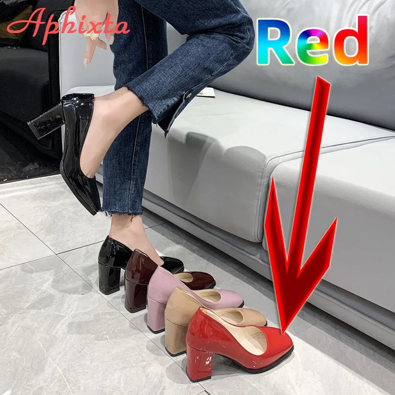 Amay Apheta 7.5cm Square Tou Patent Leather Shoes Women Pumps Thick Heels Sapato Feminino Work Party Shoes Super Big Plus Size 50