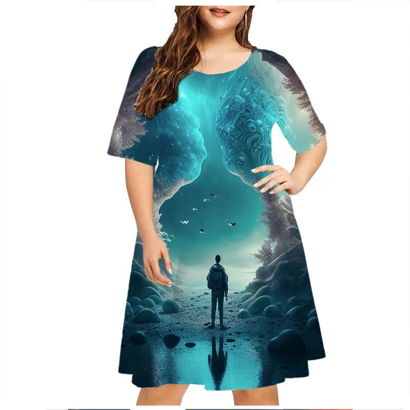 Maxy Thunder Lightning Pattern Women Dress Short Sleeve O-Neck Tie Dye 3D Print Summer Dress Plus Size Ladies Casual Loose Dress 6XL