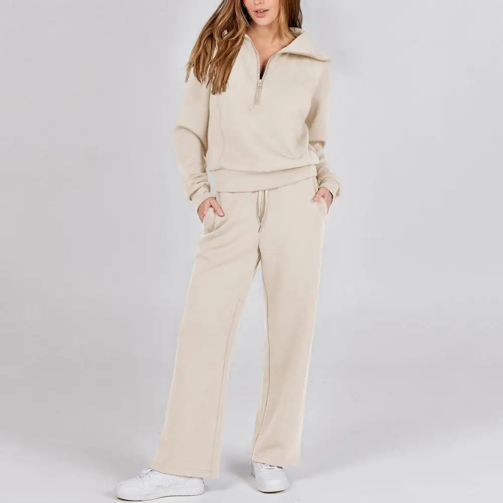 Oversized Sweatshirt Pants Set Women Two-piece Casual Suit Thick Loose Solid Color Tracksuit Set with Lapel Coat Wide for Fall