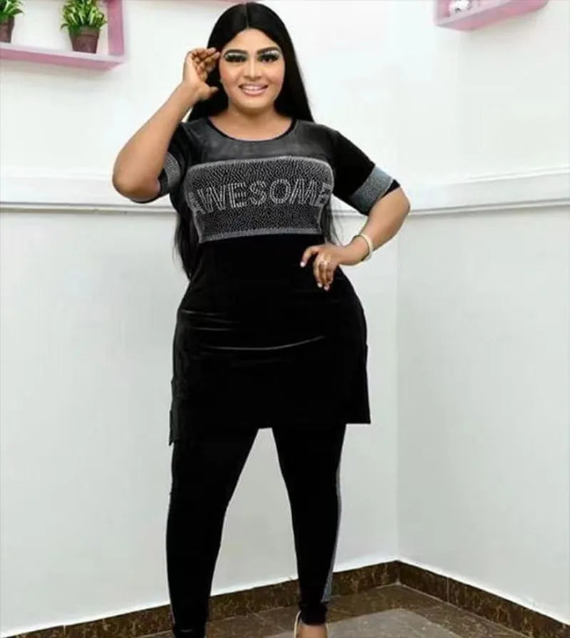 Maxy Velvet 2 Piece Pant Sets Outfits Women Short Sleeve Blouses Slim Pencil Pants Suit Ladies Beading Matching Set Tracksuit