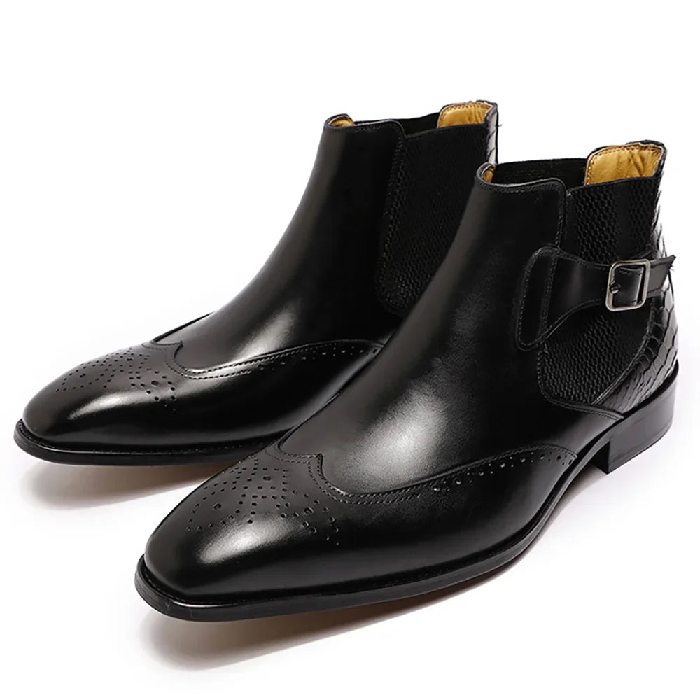 Visco Men's Real Cow Leather Ankle Boots, Slip on Buckle Strap Wing Tip Luxury Design Classic Dress Boots Handmade Basic Shoes for Men