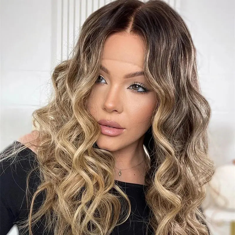 Maxy Synthetic HD Lace Front Wigs Glueless Curly Ombre Blonde Brown Colored Highlights Lace Front Wigs For Women Preplucked Hairline