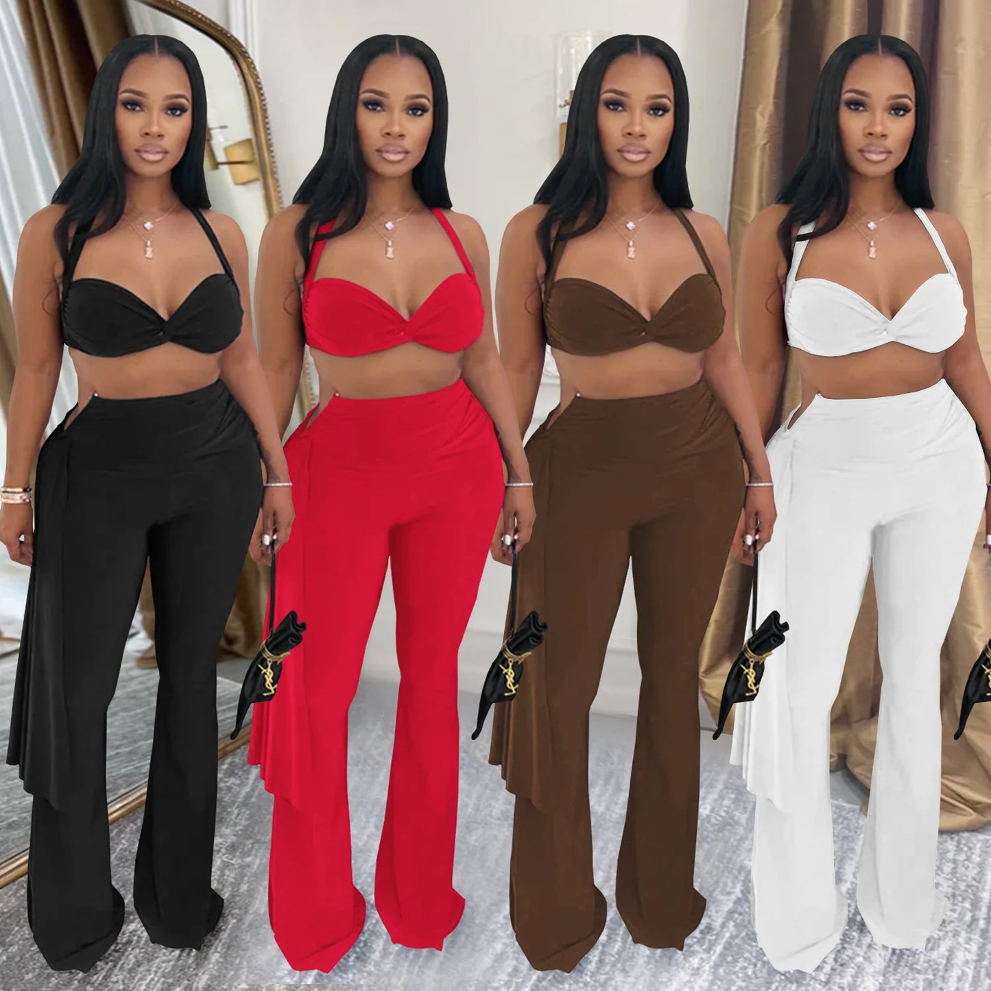Maxy Sexy Halter Bikini Tops 2 Piece Pant Set Outfits Y2K Streetwear Women Flare Pants Tracksuit Elegant Bandage Tops Two Piece Sets