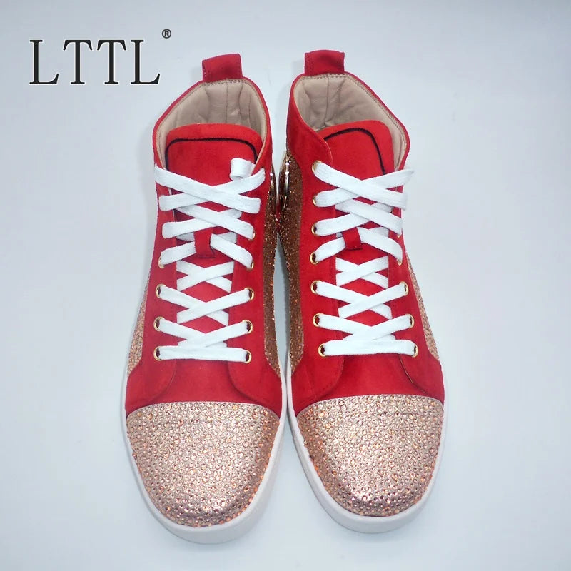 Visco Luxury Brand Red Men's Suede Shoes Fashion Bling High Top Rhinestone Sneakers Lace-up Crystal Men's Flats Casual Sneaker