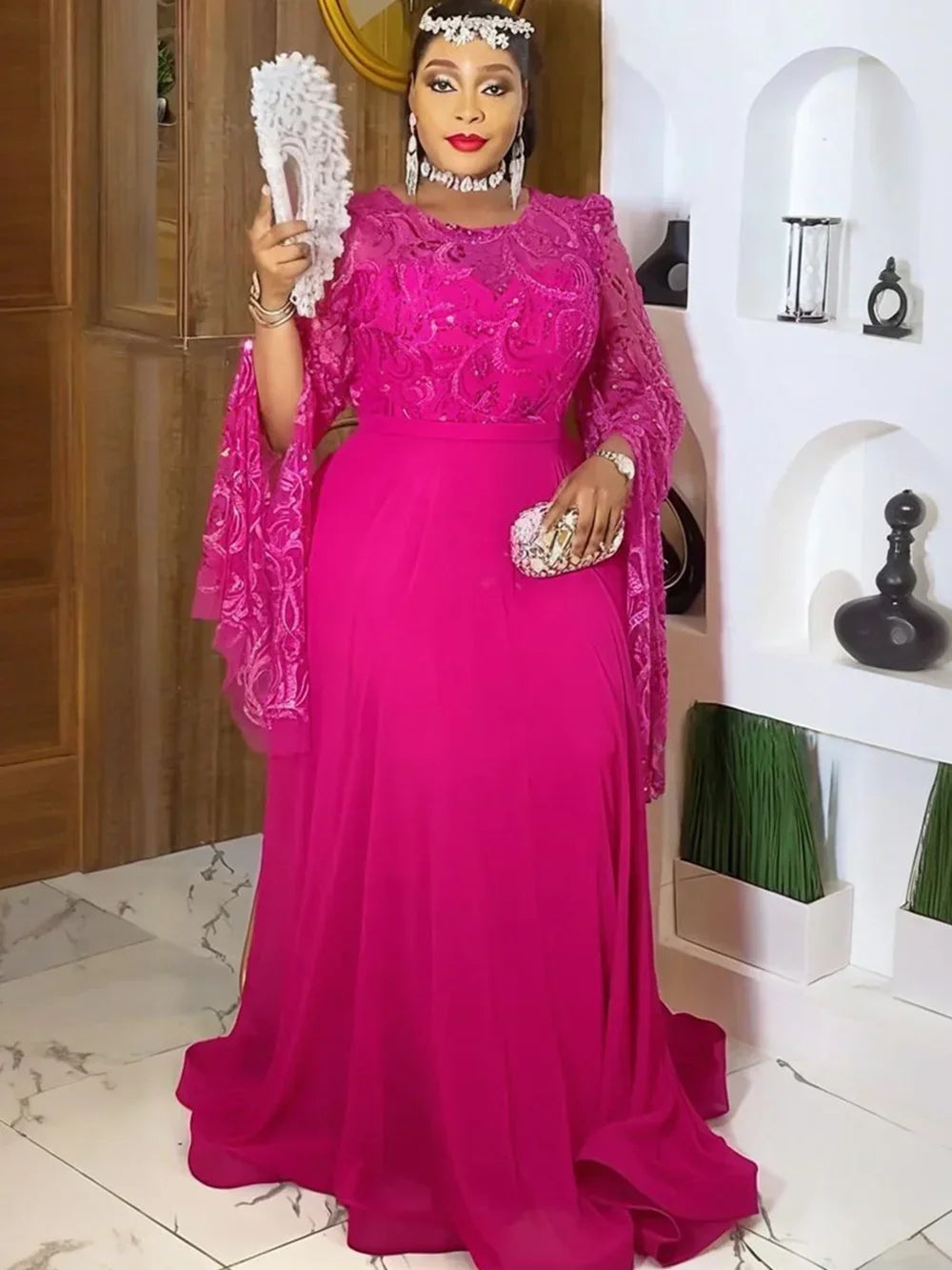 Maxy Fashion Wedding Party Dresses for Women Dashiki Sequin Long Sleeve Evening Gown Elegant Muslim Maxy Dress