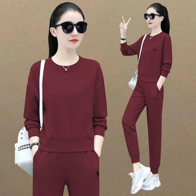 Maxy Round Necked Sports Suit For Women In Spring And Autumn New Fashion Korean Long Sleeve Crop Top And Pants 2 Two Piece Set