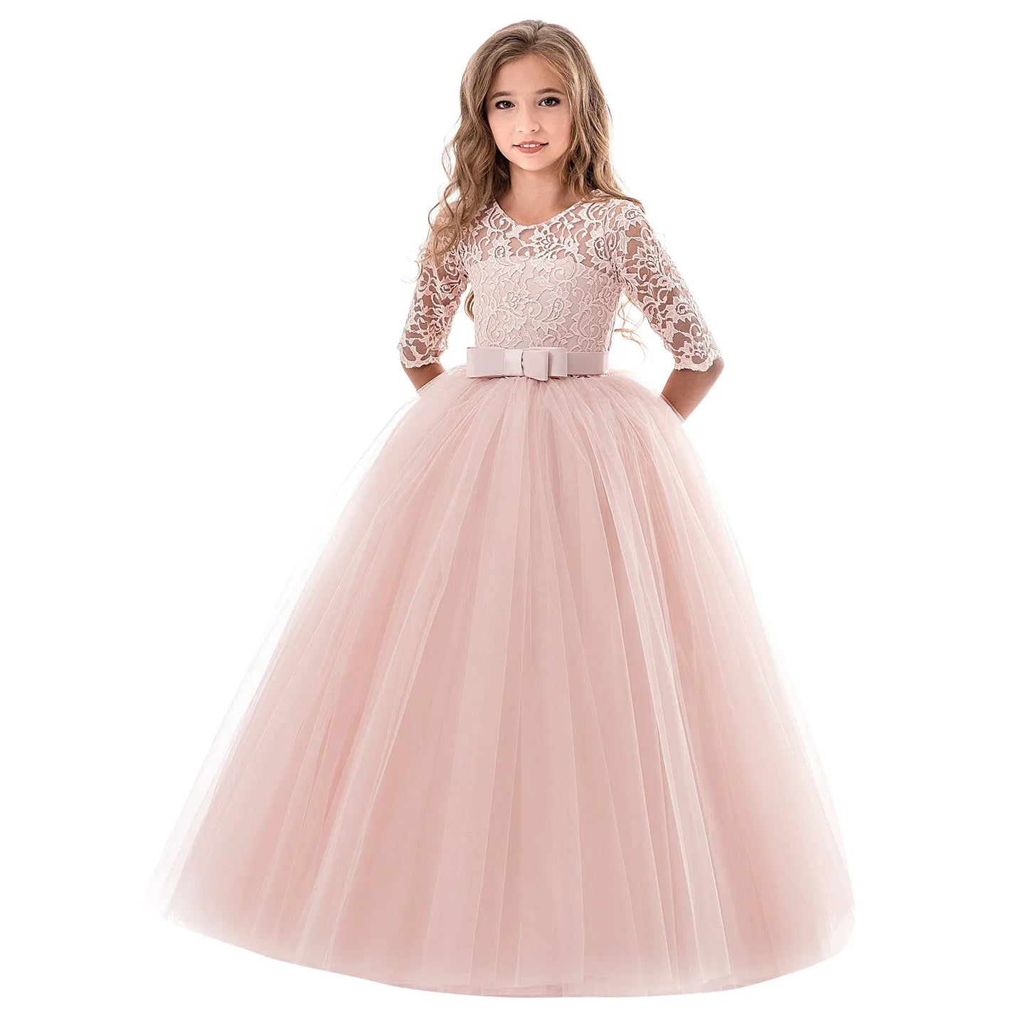 Maxy Girls Lace Embroidered Bow Princess Dress Long Sleeve Tulle Gown For Toddler First Communion Bridesmaid Wedding Birthday Party