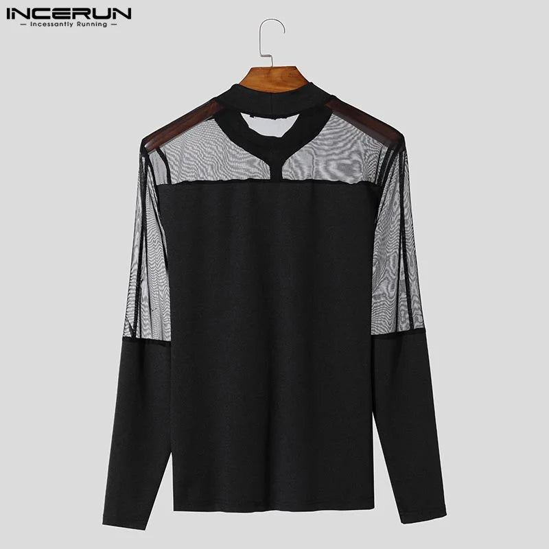 Amay Handsome Mesh Splicing T-shirt Men Long Sleeve Stand Collar Camasta Solid Color Fashion Hollow Design Knitted Tops