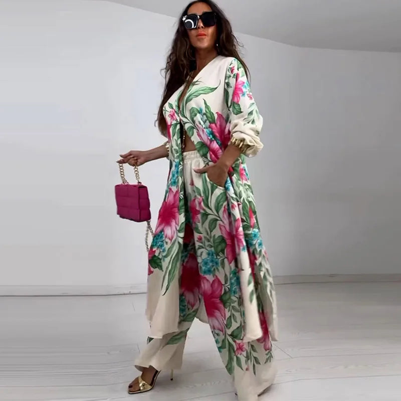 Maxy Business Casual White Tropical Print Long Sleeve Pocket Casual Wide Leg Two Piece Pant Set for Women Autumn Vintage 2 Piece Set