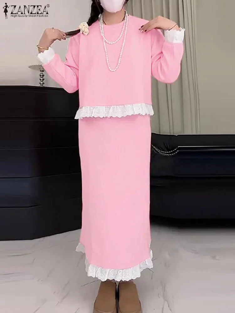 Maxy Fashion Summer Spring Matching Sets ZANZEA Women Sets Casual Lace Patchwork Dress Sets 2PCS Two-piece Outfits Oversized