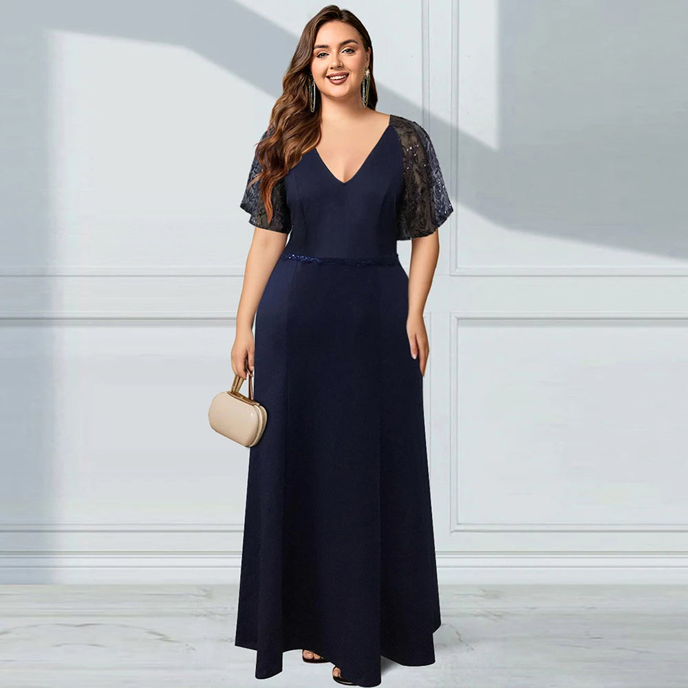 Amay Satin Spliced Lace Elegant Plus Size Women Dress Mesh Short Sleeve Summer Female Maxi Dress V-Neck Evening Long Dresses