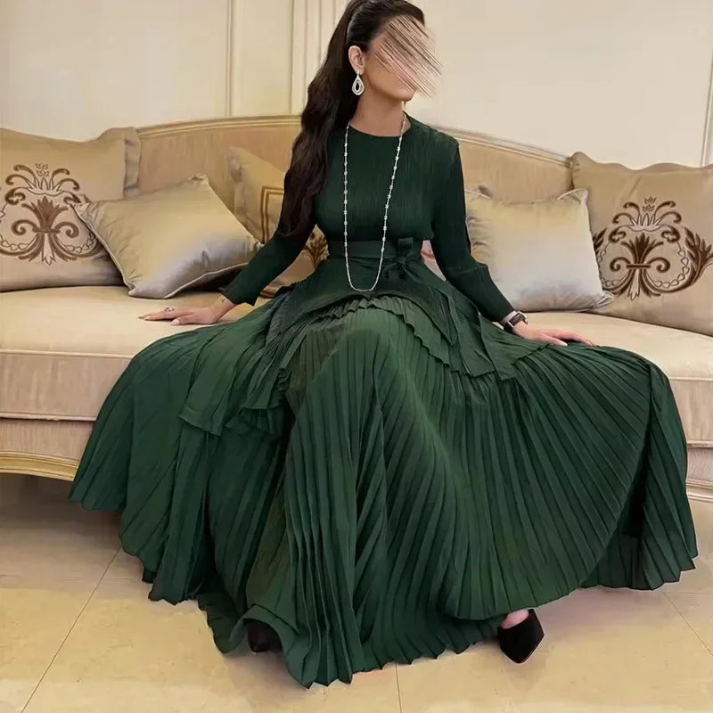 Amay Pleated Irregular Lantern 2 Piece Set Skirt + Long Swing Dress Set Autumn Solid Long Sleeved Lace Up Design Two Piece Set