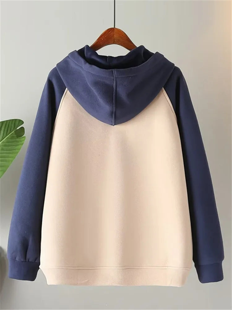 Maxy Plus Size Women's Clothing Autumn Winter Hoodies &Sweatshirts Hooded Long Sleeves Mixed color Warm Sweatshirt With Fleece Inside