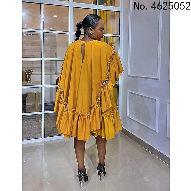 Maxy Summer Elegent African Women Half Sleeve Yellow O-neck Polyester Butterfly Sleeve Dress African Dresses for Women S-3XL