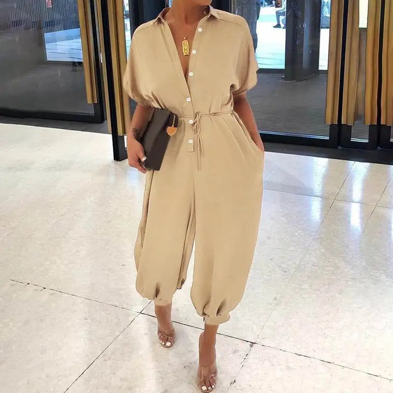Amay Summer Fashion V-Neck Button Lace-Up Jumpsuit Short Sleeve Loose Playsuit Overalls Women Elegant Leopard Print Pocket Rompers