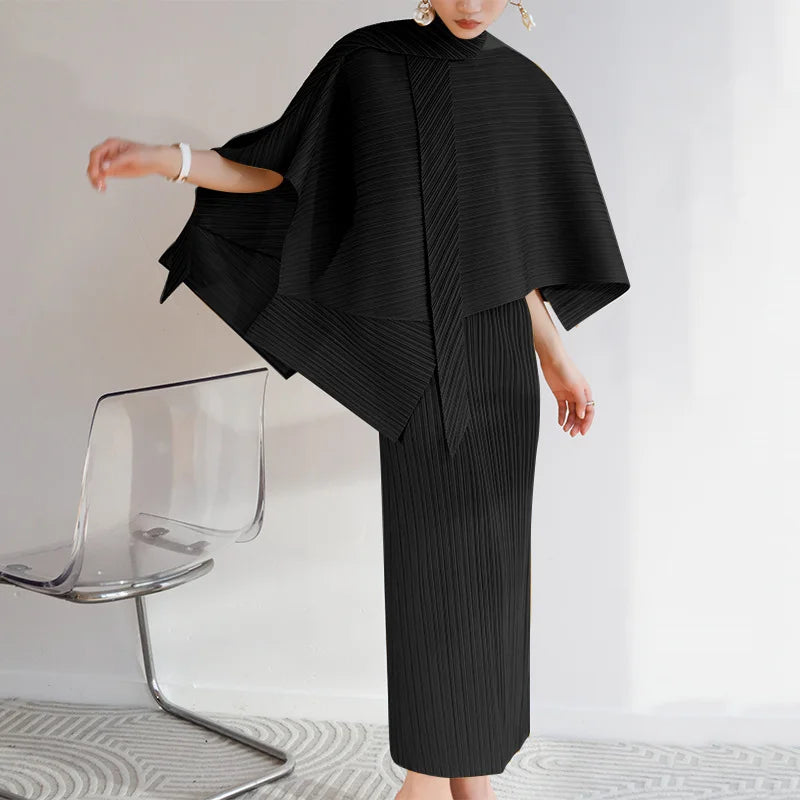 Amay Pleated cape suit summer new fashion suspender skirt+irregular lace-up shawl two-piece set [x244]