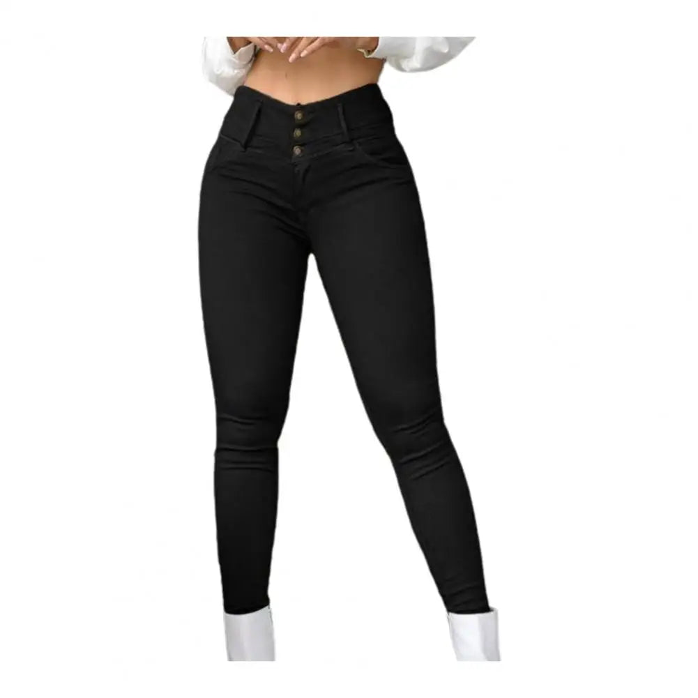 Maxy Skinny Women Pants High Waist Slim Stretchy Zipper Button Breathable Ankle Length Pencil Pants Lady Long Trousers