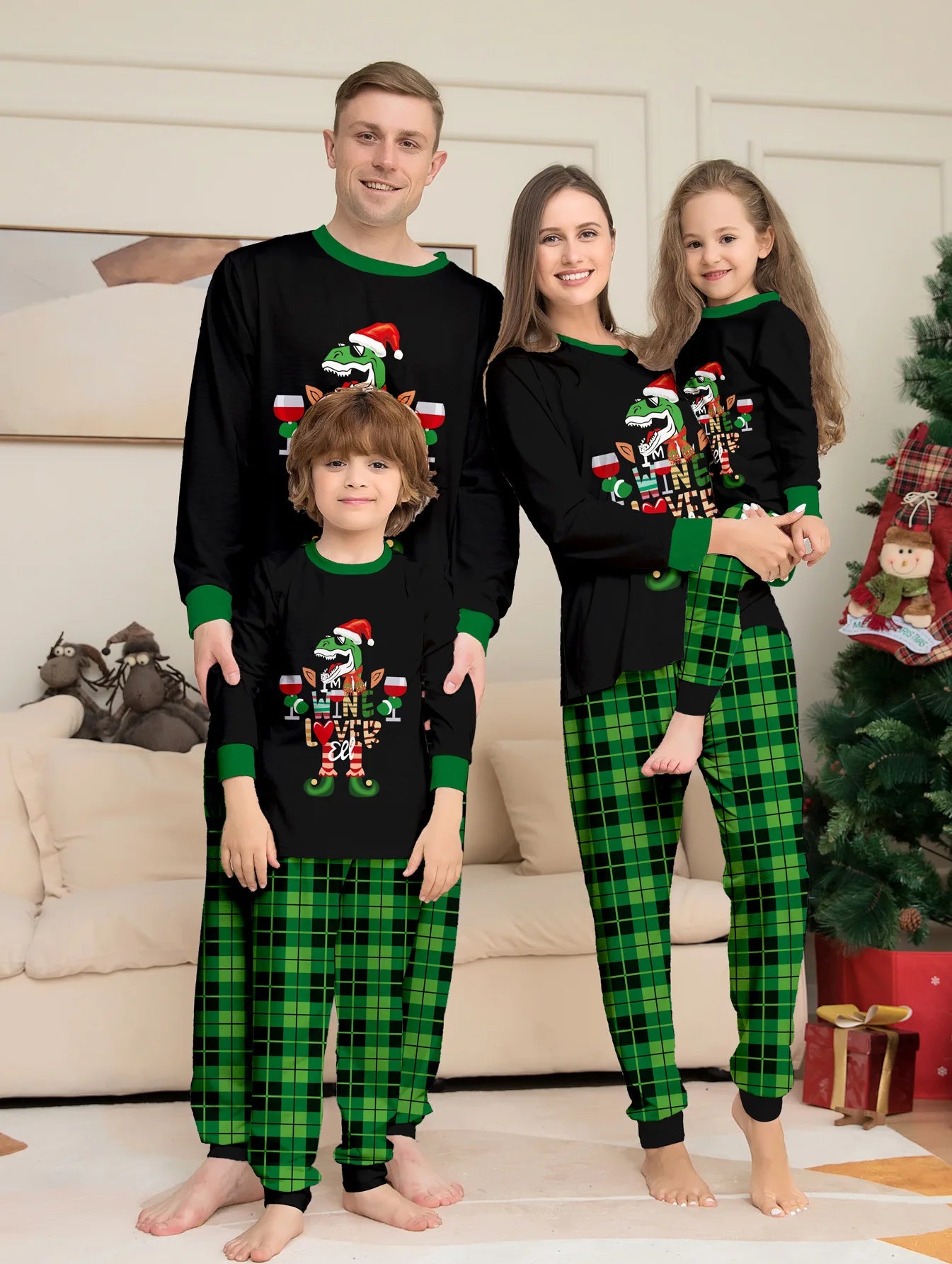 New Christmas family suit cartoon color cow head printed family suit cotton soft round neck long sleeve pajamas pants 2 sets