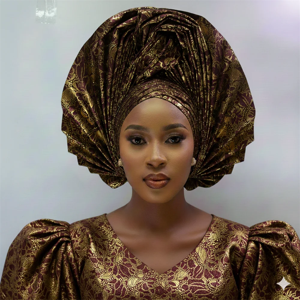Maxy Head tie Luxury Gold Gele Aso Ebi Already Made Head tie Turban Cap Women's Head Wear