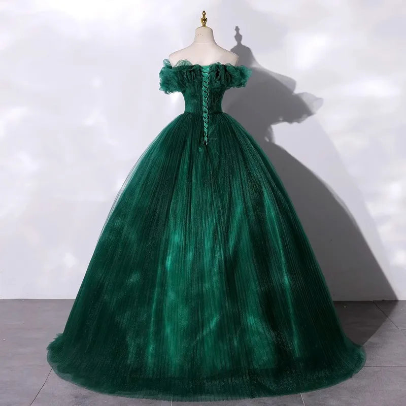 Maxy Dark Green Sweet Strapless Evening Dress New One Shoulder Temperament Host Sen Style Starry Sky Gift Vocal Art Examination Dress
