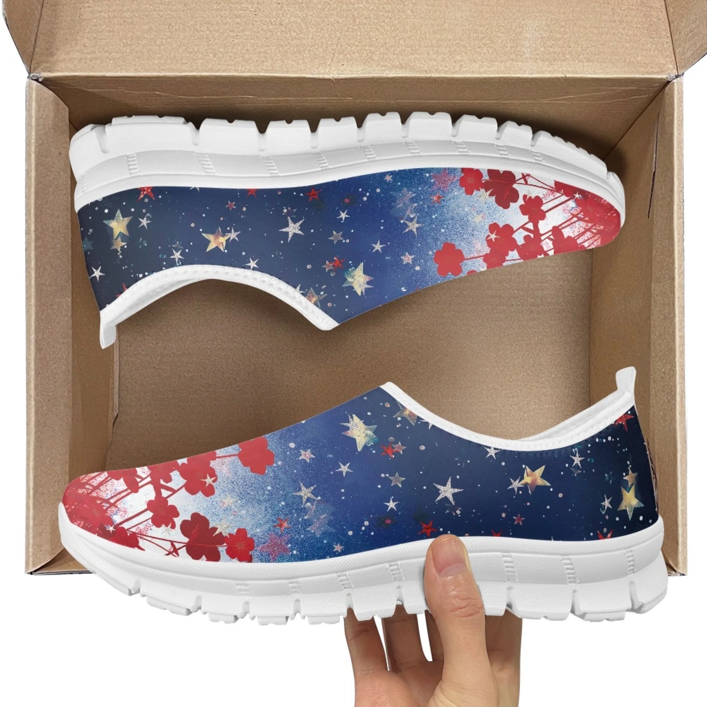 Maxy Women Flat Shoe Red Flowers Stars Walking Comfortable Casual Workout Sneakers Breath Mesh Shoes Loafers