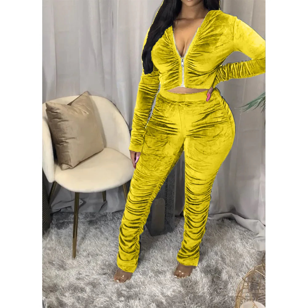 Maxy Autumn Winter Velvet Tracksuit Two Piece Set for Women Matching Sets Ruched Hoodies Jacket Stacked Pants Joggers Sweat Suits