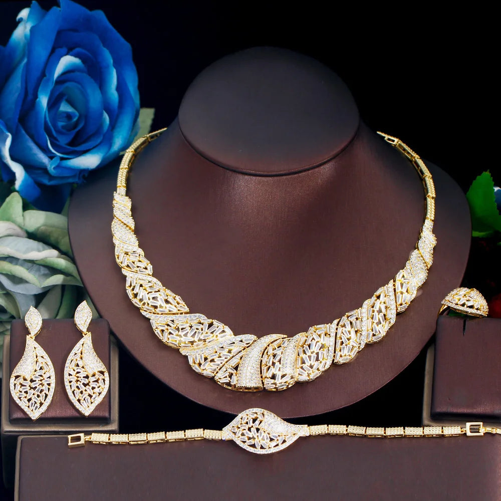 Maxy Three Graces Exquisite Shiny Cubic Zirconia Stone 4pcs Dubai Nigerian Bridal Wedding Banquet Dinner Jewelry Set for Women TZ833