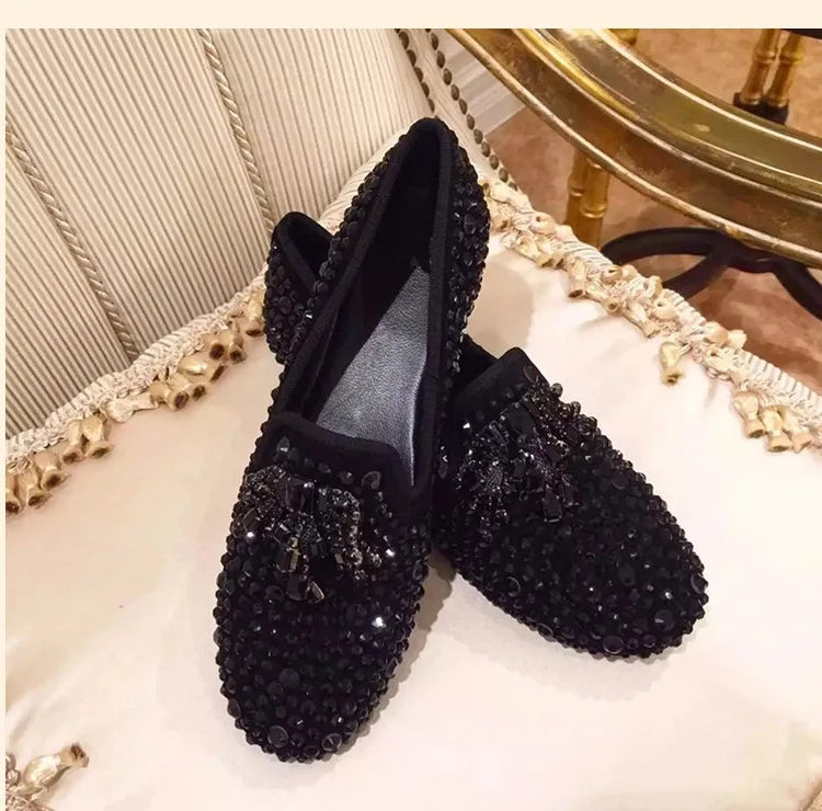 Visco Spring Gold Black Handmade Rhinestone Men Shoes Crystal Loafers Male Luxury Party Wedding Shoes Slip on Men's Flat shoes