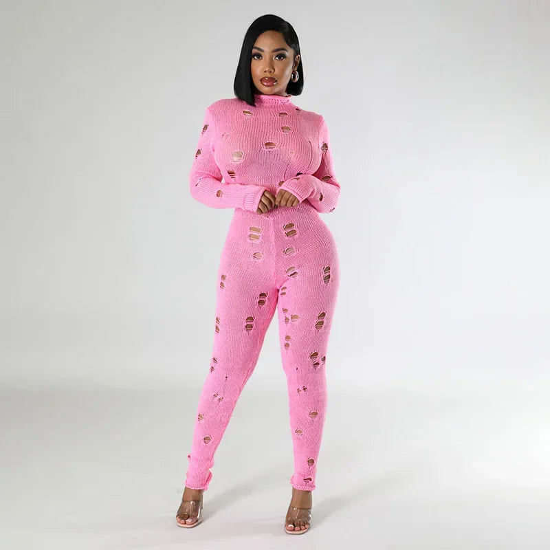 Amay Hollow Out Knit Slim Plain Ripped Jumpsuits Stand Collar Distressed Bodycon Lady Streetwear Casual Women Long Sleeve Jumpsuit