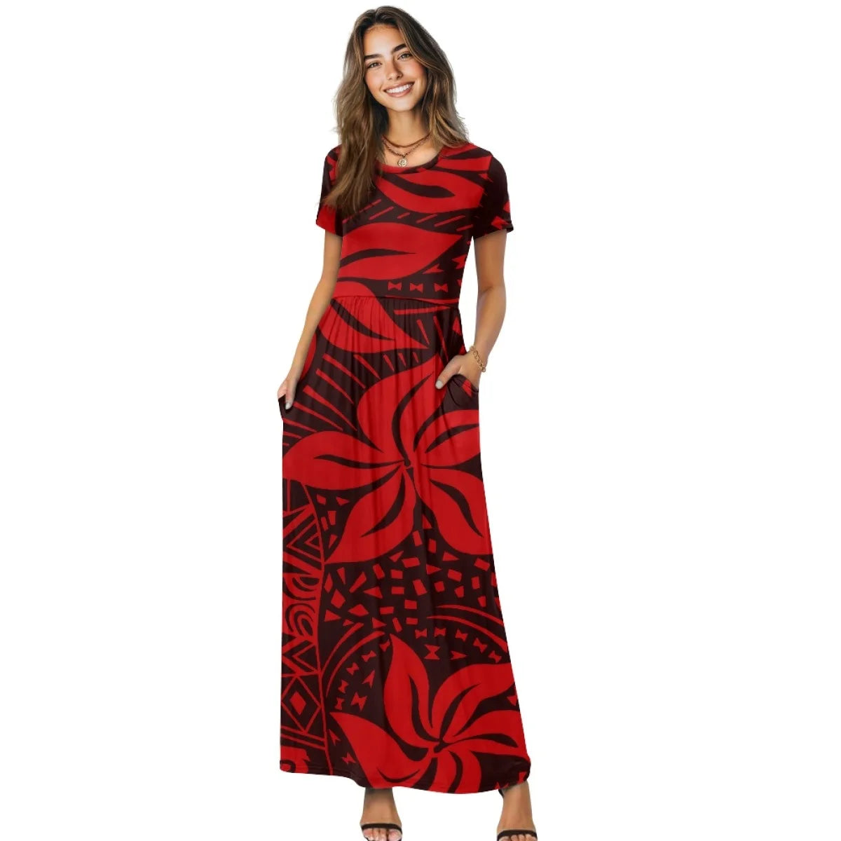 Maxy New Plumeria Style Short Sleeve Pleated Casual Dress Polynesian Loose Pocket Long Dress Women's Casual Comfortable