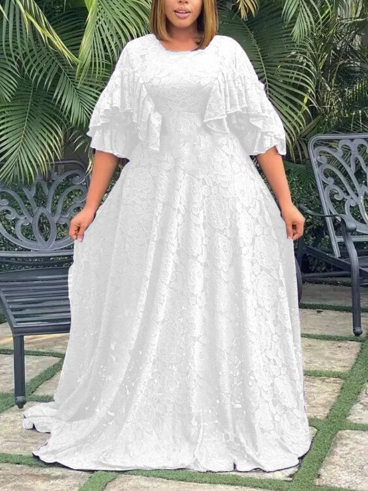 Amay Women's Long Lace Dresses Elegant Flare Sleeves A Line Big Swing Dress Classy Female Party Birthday Clothes White Black Purple