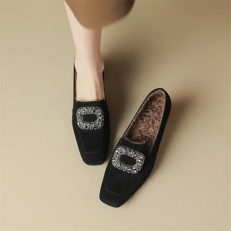 Maxy New Autumn Sheep Suede Loafers French Square Toe Chunky Heels Winter Plush Women Pumps Shoes for Women Zaptos De Mujer